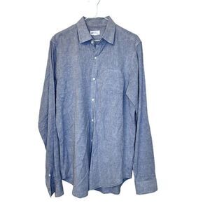 Mens GAP Pinstriped Standard Fit Linen Blend Long Sleeve Button Up Shirt Blue La